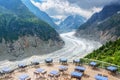 Panoramic cafe terrace with view on glacier Mer de Glace, in Chamonix Mont Blanc Massif, The Alps France Royalty Free Stock Photo