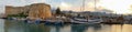 Panoramic capture of the historic 7th century AD Castle boats and old harbor in Kyrenia, Island of Cyprus Royalty Free Stock Photo