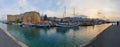 Panoramic capture of the historic 7th century AD Castle boats and old harbor in Kyrenia, Island of Cyprus Royalty Free Stock Photo