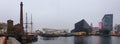 Panoramic capture of the Liverpool Docks, Port of Liverpool, late on a cloudy afternoon, with modern and classic architecture in
