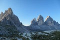 A panoramic capture of the Tre Cime di Lavaredo (Drei Zinnen) and surrounding mountains in Italian Dolomites. Royalty Free Stock Photo