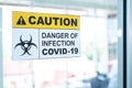 Panoramic Caution danger Signage of COVID-19 coronavirus in front of Laboratory room