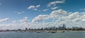 Panoramic of city of Melbourne against a sunny blue sky seen from St Kilda pier looking through the masts of yachts in the bay
