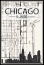 Panoramic city skyline poster with streets network of CHICAGO, ILLINOIS Royalty Free Stock Photo