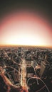 Panoramic city view with flowing illuminated paths
