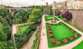 City view of Luxembourg city with the famous Adolphe bridge and Constitution square and Park