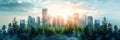 Panoramic cityscape banner with green forest overlay