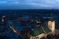 Panoramic cityscape dusk view on roofs,center and domes of Lviv city, Ukraine Royalty Free Stock Photo