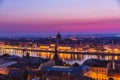 Panoramic cityscape of Hungarian parliament building on the Danube river. Colorful sunrise in Budapest, Hungary Royalty Free Stock Photo