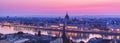 Panoramic cityscape of Hungarian parliament building on the Danube river. Colorful sunrise in Budapest, Hungary Royalty Free Stock Photo