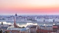 Panoramic cityscape of Hungarian parliament building on the Danube river. Colorful sunrise in Budapest, Hungary Royalty Free Stock Photo