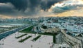 Panoramic cityscape from old fortress with view of port and coastal structure in Tangier