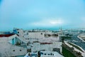 Panoramic cityscape from old fortress with view of port and coastal structure in Tangier.