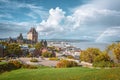 Panoramic Cityscape of Quebec in autumn. Sunny cloudy day, and rainbow over the river. Quebec, Canada Royalty Free Stock Photo