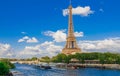 Panoramic cityscape of Seine river, Eiffel Tower in Paris, France, Europe. Eiffel Tower is the symbol of Paris. Famous tourist Royalty Free Stock Photo