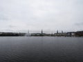 Panoramic cityscape skyline view of Hamburg downtown city centre from artificial lake Binnenalster at Elbe river Germany