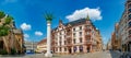 Panoramic cityscape view over historical downtown in Leipzig with ancient Nikolai Column at Summer, blue sky and sunny day,