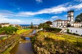 Panoramic cityscape view to Municipality and central square Of Ribeira Grande, Sao Miguel, Azores, Portugal. Central square of Royalty Free Stock Photo