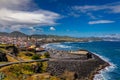 Panoramic cityscape view to Municipality and central square Of Ribeira Grande, Sao Miguel, Azores, Portugal. Central square of Royalty Free Stock Photo