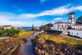 Panoramic cityscape view to Municipality and central square Of Ribeira Grande, Sao Miguel, Azores, Portugal. Central square of Royalty Free Stock Photo