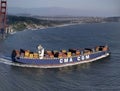 Panoramic of CMA CGM Cargo ship passing under Golden Gate Bridge Royalty Free Stock Photo