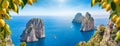 Panoramic collage with different view of Faraglioni Rocks near Capri Island, Italy Royalty Free Stock Photo