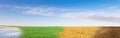 Panoramic collage of four season field under blue sky Royalty Free Stock Photo