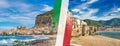 Panoramic collage with itaian flag, sandy beach and blue sea in Cefalu located on Tyrrhenian coast of Sicily, Italy Royalty Free Stock Photo