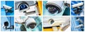 Panoramic collage of security CCTV camera or surveillance system Royalty Free Stock Photo