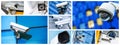 Panoramic collage of security CCTV camera or surveillance system Royalty Free Stock Photo