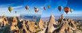 Panoramic collage of unusual rocky landscape in Cappadocia, Turkey. Colorful hot air balloons fly in blue sky