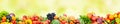 Panoramic collection fresh fruits and vegetables on yellow background.