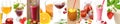 Panoramic collection fresh juice from fruit and vegetables in th Royalty Free Stock Photo