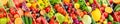 Panoramic collection fruits and vegetables separated oblique stripes.