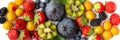 Panoramic colorful fruits assortment background, healthy diet and food