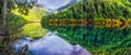 Landscape of mirror lake and forest at Jiuzhaigou national park, China Royalty Free Stock Photo