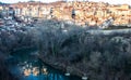 Panoramic of colourful sunset. Olt town of Veliko Tarnovo view, Bulgaria.