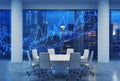 Panoramic conference room in modern office, cityscape of New York skyscrapers at night, Manhattan.