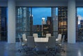 Panoramic conference room in modern office, cityscape of New York skyscrapers at night, Manhattan.