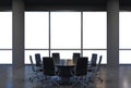 Panoramic conference room in modern office, copy space view from the windows. Black chairs and a black round table.