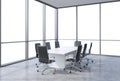 Panoramic conference room in modern office, copy space view from the windows. Black chairs and a white table.