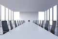 Panoramic conference room in modern office, copy space view from the windows. Black leather chairs and a white table.