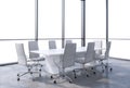 Panoramic conference room in modern office, copy space view from the windows. White chairs and a white table.