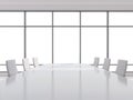 Panoramic conference room in modern office, copy space view from the windows. white leather chairs and a white table. 3D rendering