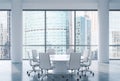 Panoramic conference room in modern office, Moscow International Business Center view. White chairs and a white round table.