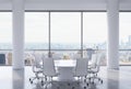 Panoramic Conference Room In Modern Office, New York City View. White Chairs And A White Round Table.