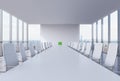 Panoramic conference room in modern office in New York City. White chairs and a white table. A green chair in a head of the