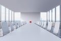 Panoramic conference room in modern office in New York City. White chairs and a white table. A red chair in a head of the table. Royalty Free Stock Photo