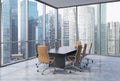 Panoramic conference room in modern office in Singapore. Brown chairs and a black table.