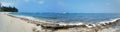 Panoramic of Coral Rock beach with Shallow wavy ocean waters of Camp Mokuleia Beach